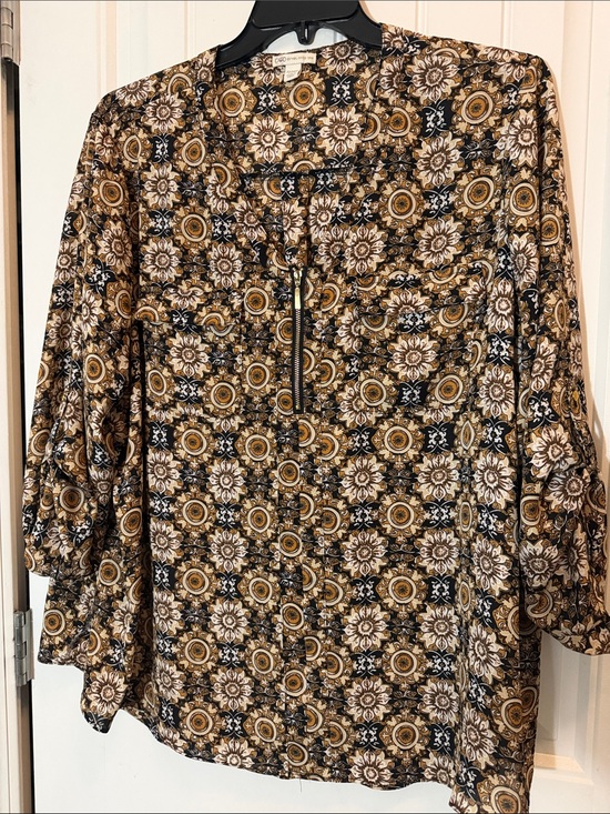 Cato Tops - Cato Brown Black and Mustard Floral-Mandala Zip Front Blouse